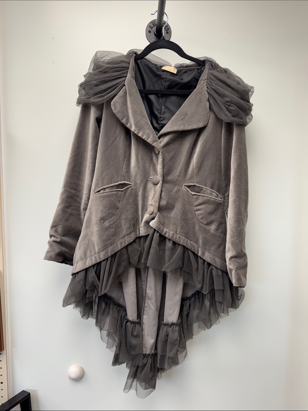 Ne-Taya Gray Velvet Tulle Ruffle High Low Victorian Steampunk Jacket Coat